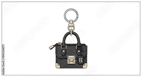 Miniature Black Handbag Keychain with Silver Hardware and Ring.