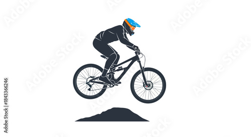 Mountain biker in full gear performing a jump on a downhill bike.