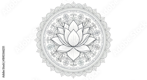 Detailed black and white lotus flower mandala line art drawing.