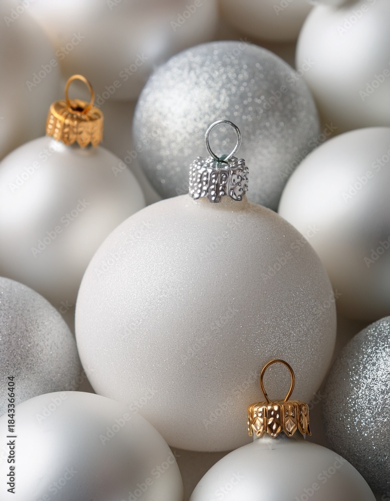 Fototapeta premium Close-up of white christmas ball decorations pattern. Cloud dancer, color of the year 2026