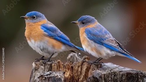 Two eastern bluebirds perched on a weathered stump outdoors in natural light