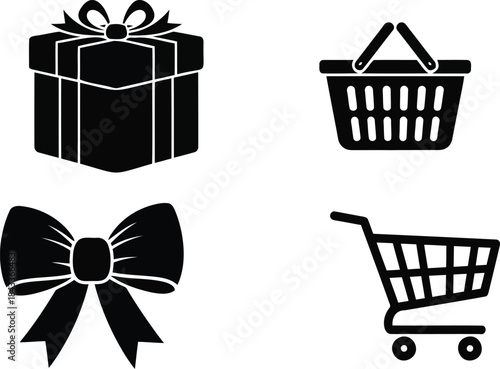 Collection of black silhouette icons for shopping and gifts, isolated on white background.