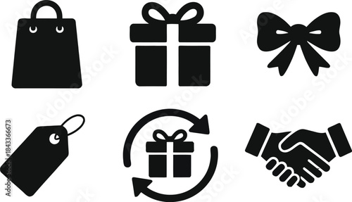 Set of black silhouette icons for shopping, gifts, and business transactions, isolated on white background.