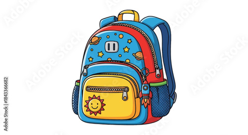 Colorful Cartoon Kids School Backpack with Blue Red and Yellow Design.