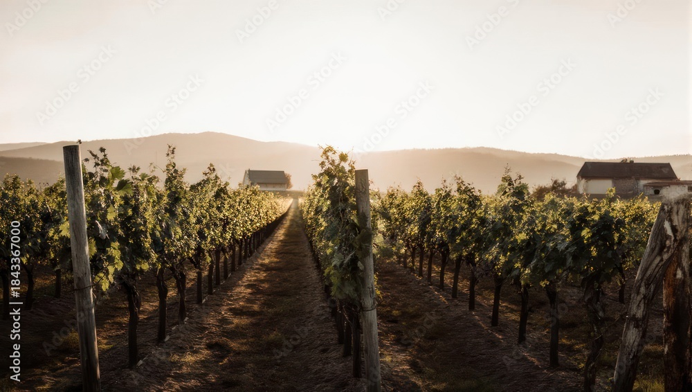 Fototapeta premium Vineyard rows stretch towards a soft sunrise, buildings blurred in the distance. Sunlight highlights the green foliage
