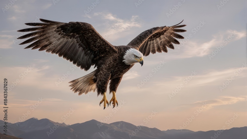 custom made wallpaper toronto digitalMajestic bald eagle in flight, descending towards a mountainous horizon