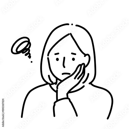 悩んで疲れている女性の手描きモノクロ線画イラスト｜ストレス・睡眠不足