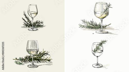 Hand drawn illustration of a wine glass with herbs placed beside or inside, showing an elegant botanical drink concept in a refined sketch style.