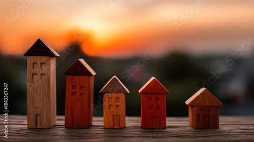 Miniature wooden buildings stand in descending height order against a dramatic sunset backdrop
