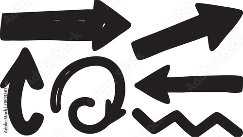Grunge Hand-Drawn Arrow & Swirl Set: Bold Black Brush Stroke Directional Design Elements