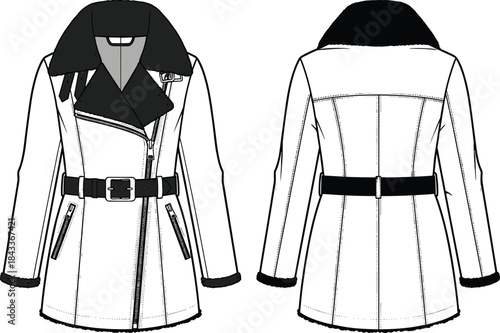 Women’s belted coat technical flat sketch with wide collar, zipper pockets, stylish outerwear design, detailed fashion cad illustration for apparel templates