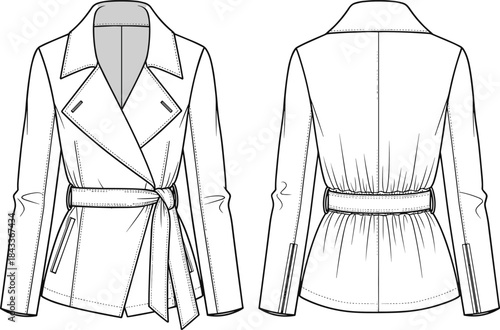 Women’s belted trench jacket technical flat sketch with wide lapel collar, long sleeves, tie waist detail, fashionable outerwear vector illustration