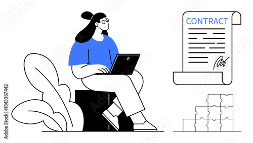 Contract management. Freelancer reviewing contract terms digitally, signaling business agreements. Contract tools for legal, business planning, e-signature, remote work collaboration