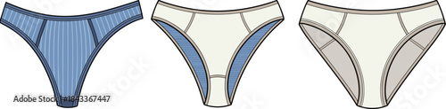 Women’s bikini panties technical flat vector sketch showing multiple color variations with detailed stitching and fashion underwear garment design illustration