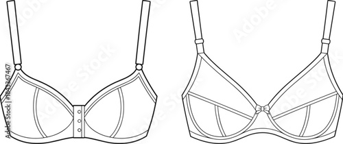 Women’s bra technical flat sketch showing front and back views with detailed stitching lines and lingerie garment design vector illustration template