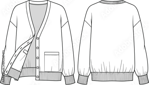 Women’s button front cardigan technical flat sketch with ribbed cuffs, drop shoulder sleeves, pocket detail, cozy fashion apparel vector illustration design