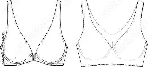 Women’s bra technical flat sketch template with detailed stitching showing front and back view lingerie garment design vector fashion illustration