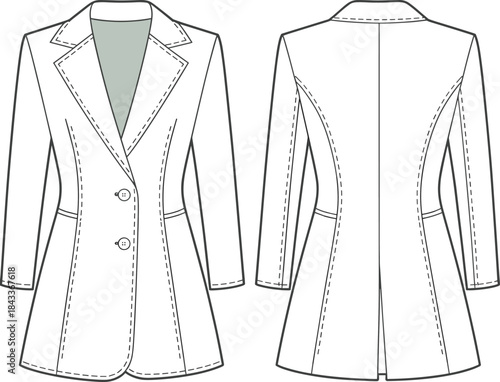 Women’s long blazer fashion flat sketch with tailored seams, detailed front and back garment template for designers, cad drawing flat vector illustration