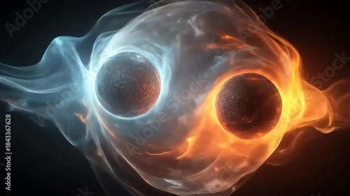 Abstract glowing spheres with swirling smoke on black background