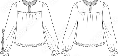 Women’s long sleeve ruffle hem blouse technical flat sketch, front and back fashion top design template for apparel designers, digital illustration