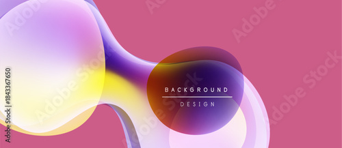 Abstract fluid shapes overlap, creating vibrant color gradients. Pink background complements purple, yellow hues. Modern design element.