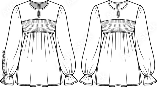Women’s long sleeve smocked top technical flat sketch, front and back blouse design template, detailed fashion drawing for clothing designers and illustrators