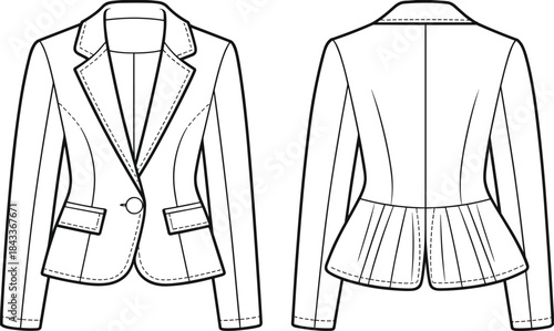 Women’s peplum blazer fashion flat sketch with tailored lapel, structured seams, single button closure and detailed pocket design, cad drawing flat vector illustration