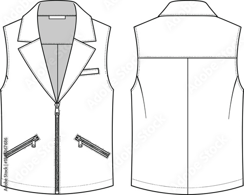 Women’s sleeveless biker vest technical flat vector with zipper front, angled pockets, lapel collar, clean stitching, stylish fashion garment illustration