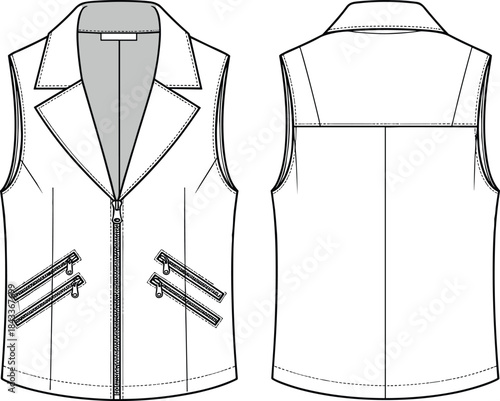Women’s sleeveless biker vest technical flat with zipper front, angled pockets, lapel collar, detailed stitching, fashion garment vector illustration design