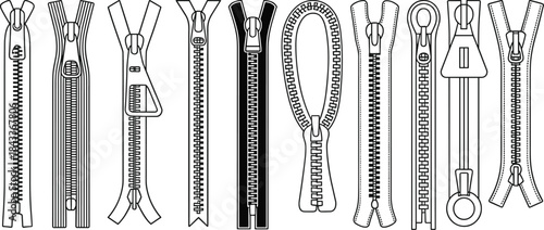 Zipper collection technical flat sketch, detailed fashion hardware CAD drawing set with various zipper styles, garment accessory vector illustration