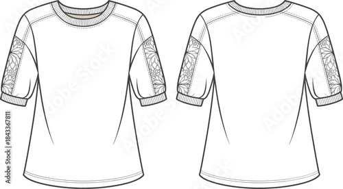 Women's blouse flat sketch with floral sleeve detail, fashion technical drawing, apparel design template, stylish top vector outline front and back, cad drawing flat vector illustration