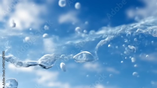 Abstract water droplets against a bright blue sky background