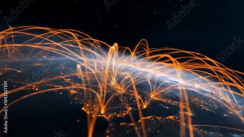 Abstract visualization of global networks and connections over earth