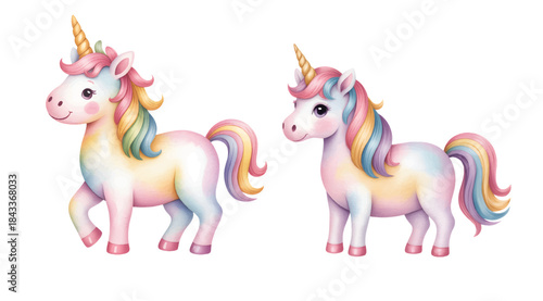 Rainbow watercolor unicorn for sweet kids birthday invitations. Soft watercolor rainbow unicorn for children illustration.