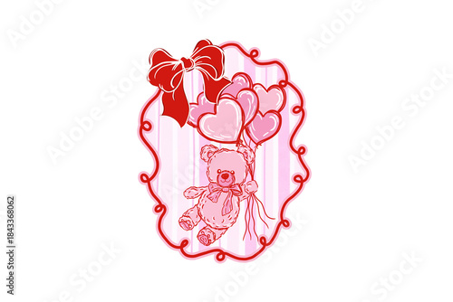 Cute Teddy Bear Holding Heart Balloons in Frame illustration Sublimation Design