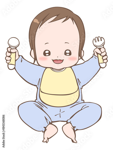 カトラリーを持って喜ぶ赤ちゃん（男の子）