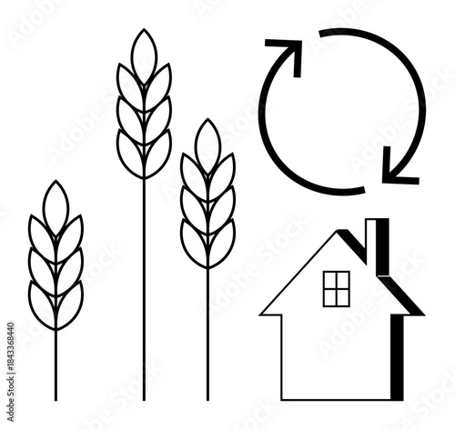 Sustainability, agriculture, eco-friendly living, renewable resources, minimalism, recycling. Three wheat stalks, circular arrows house drawing. Sustainability and agriculture