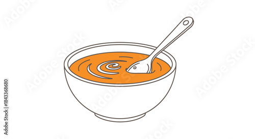 Simple Line Art Illustration of Soup Bowl with Spoon.
