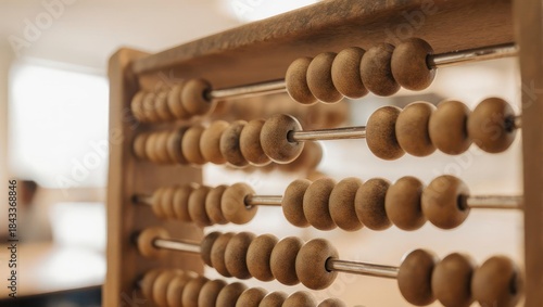 Close-up of wooden abacus with light-brown beads