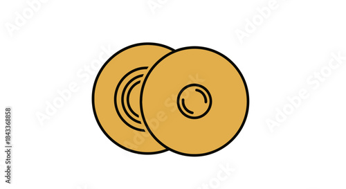 Two golden discs with circular center holes one with concentric rings.