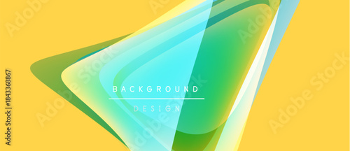Abstract design features layered shapes, vibrant colors. Yellow backdrop complements green, blue gradients. Modern aesthetic, clean presentation.