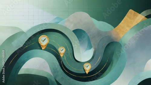 Abstract landscape with flowing teal and gold lines, dotted with checkpoints