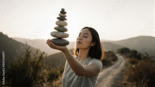 Woman balancing stones in nature, meditation and mindfulness concept.