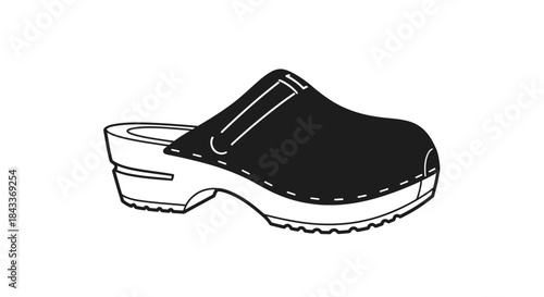 Classic Black Clog Shoe with Wooden Sole and White Stitching Detail.