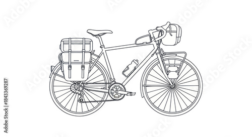 Touring Bicycle with Panniers and Front Rack Detailed Line Art Illustration.