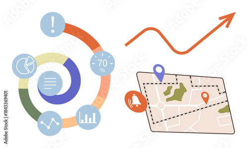 Circular infographic with data icons, percentage, growth arrow, and map with location markers. Ideal for analytics, progress, strategy, navigation, business decision-making data visualization