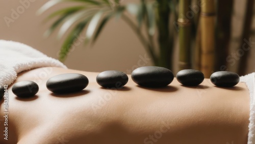 Dark smooth stones aligned on a person's back, suggesting a spa treatment