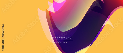 Abstract fluid shapes overlap, creating vibrant color gradients. Yellow background complements dynamic design elements. Modern, stylish composition.
