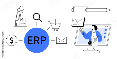 ERP system. ERP uses business tools thumbs up financial tracking, inventory management, and data analysis for efficient enterprise resource planning. Useful for businesses, management, training