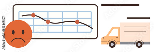 Downward graph with data points, sad face symbolizing dissatisfaction, and a delivery truck. Ideal for business decline, logistics challenges, sales drop, market analysis, e-commerce, customer
